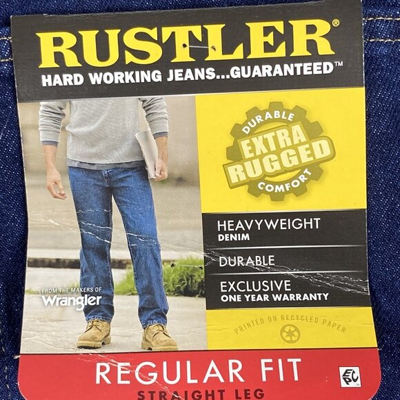 NWT Rustler Men's Blue Denim Jeans Size 42x30 Regular Fit Straight Heavyweight - Picture 5 of 9